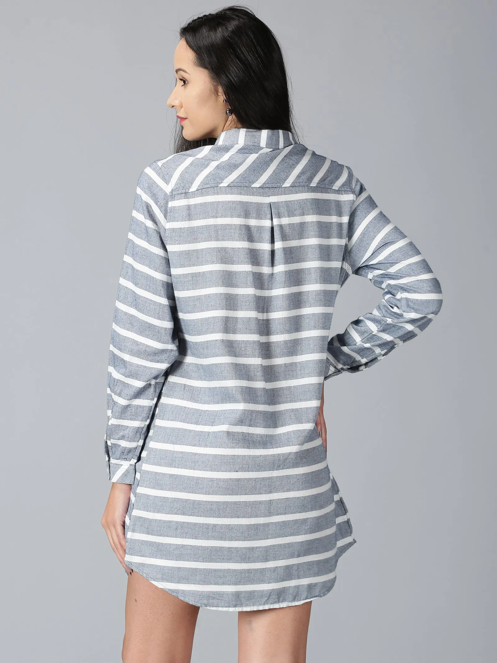 Women White & Navy Stripes Longline Casual Shirts