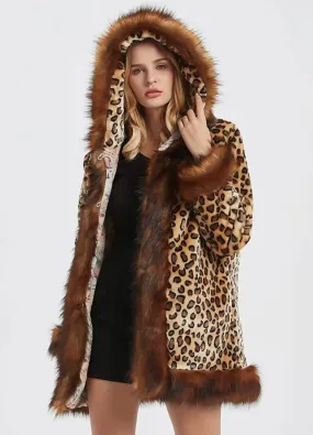 Women's Chic Leopard Print Jacket with Plush Faux Fur Collar