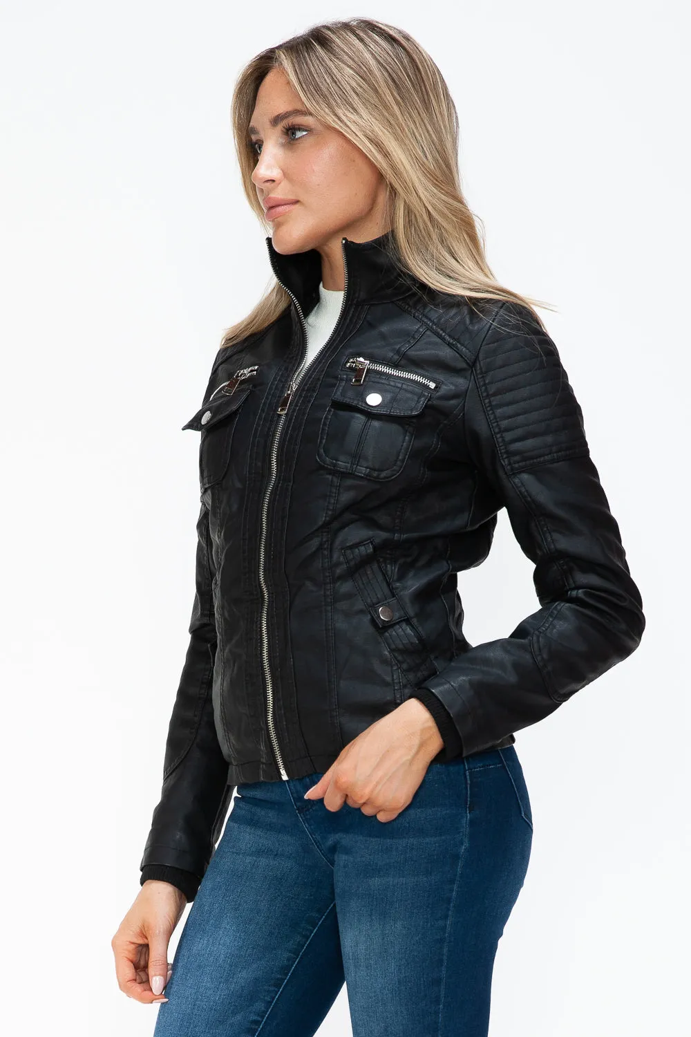 YMI Women Jacket Black Faux Leather Removable Fuzzy Hood Layered Biker