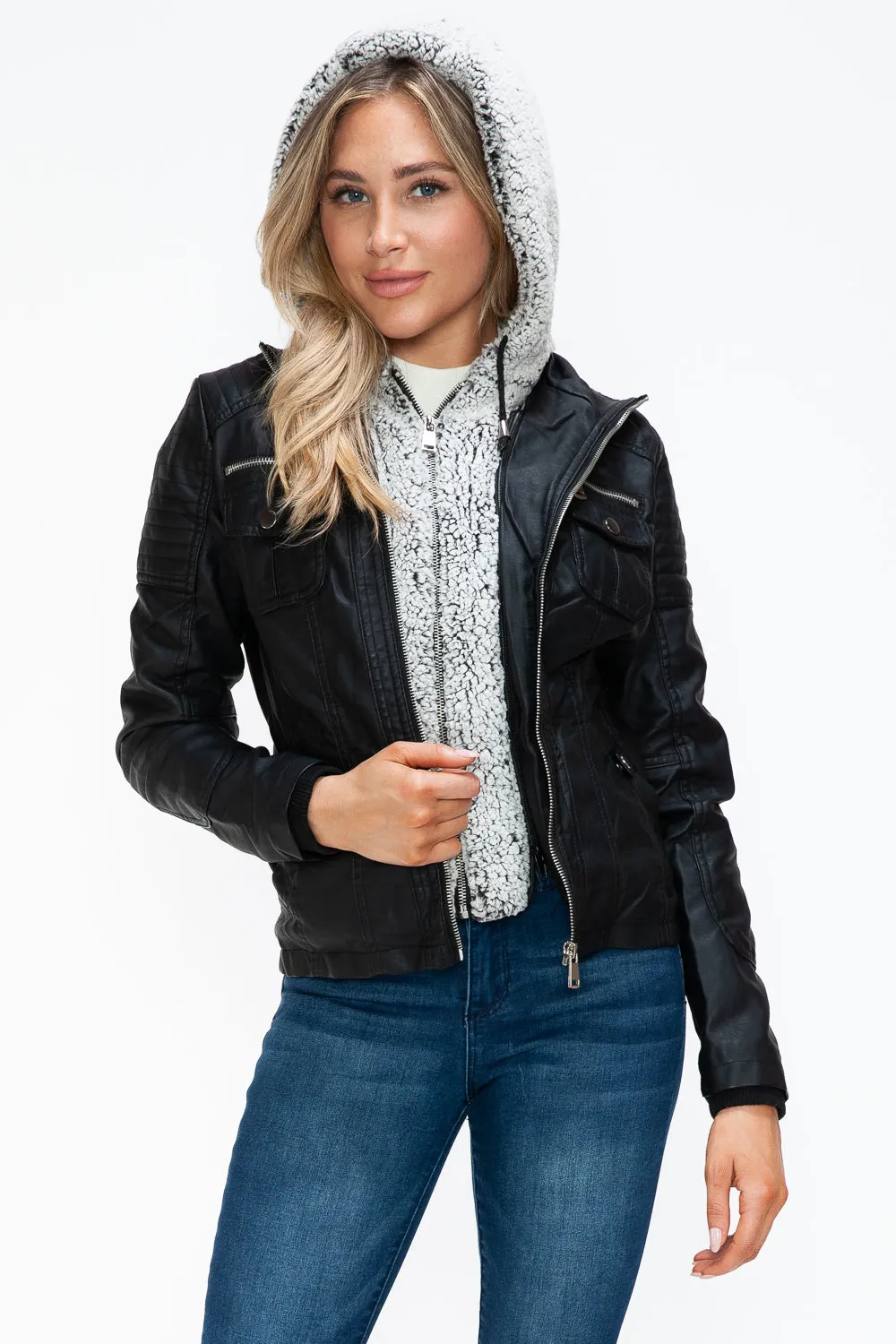 YMI Women Jacket Black Faux Leather Removable Fuzzy Hood Layered Biker