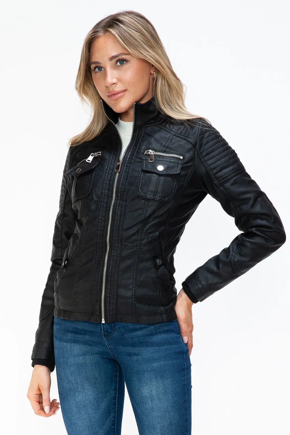 YMI Women Jacket Black Faux Leather Removable Fuzzy Hood Layered Biker