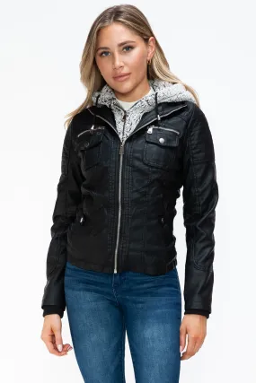 YMI Women Jacket Black Faux Leather Removable Fuzzy Hood Layered Biker