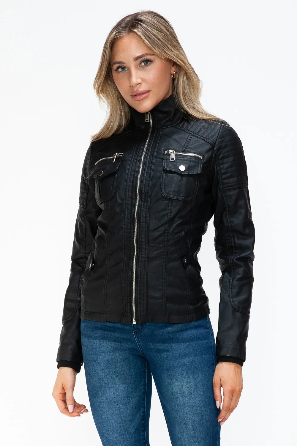 YMI Women Jacket Black Faux Leather Removable Fuzzy Hood Layered Biker