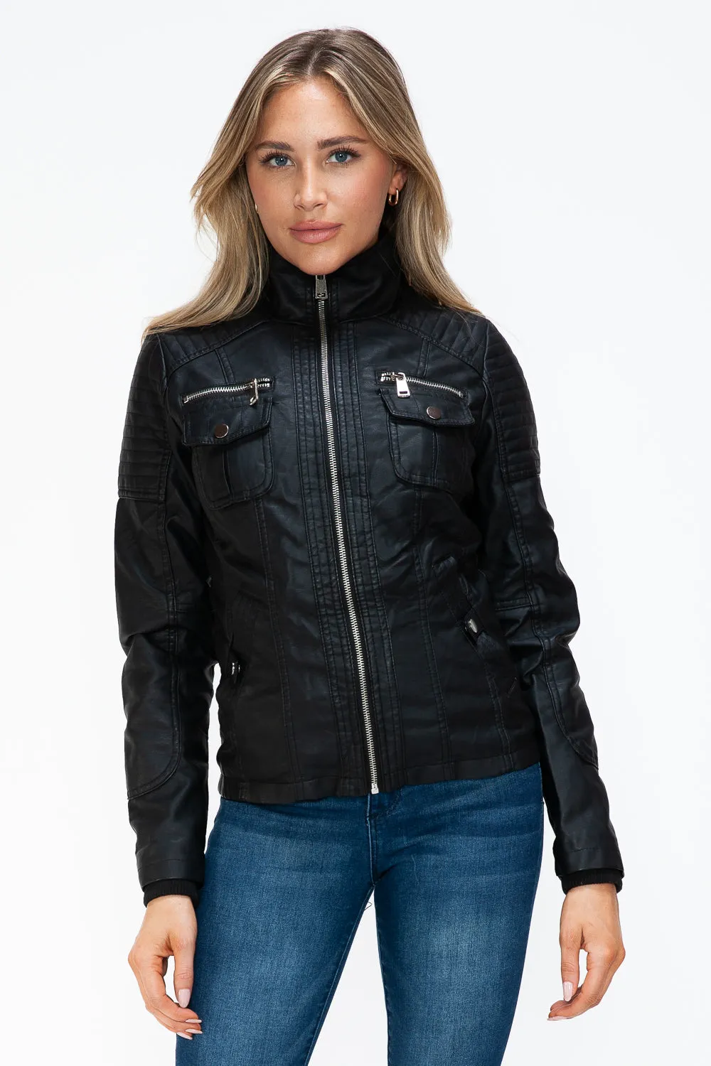 YMI Women Jacket Black Faux Leather Removable Fuzzy Hood Layered Biker