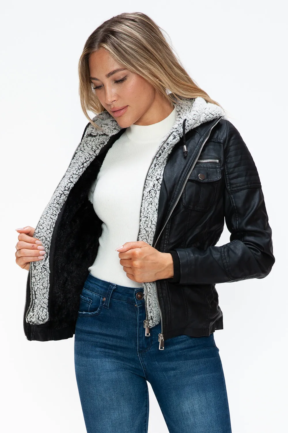 YMI Women Jacket Black Faux Leather Removable Fuzzy Hood Layered Biker