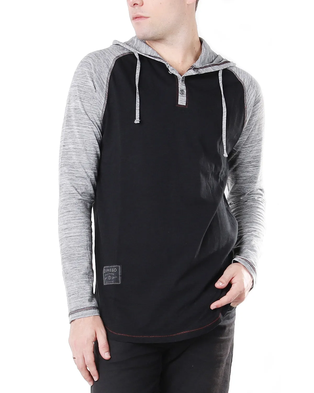 ZIMEGO Long Sleeve Raglan Henley Round Bottom Hood T-Shirts - BLACK / BLACK